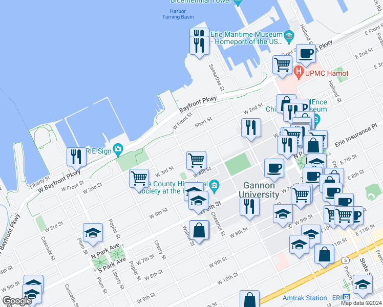 map of restaurants, bars, coffee shops, grocery stores, and more near 307 Chestnut Street in Erie