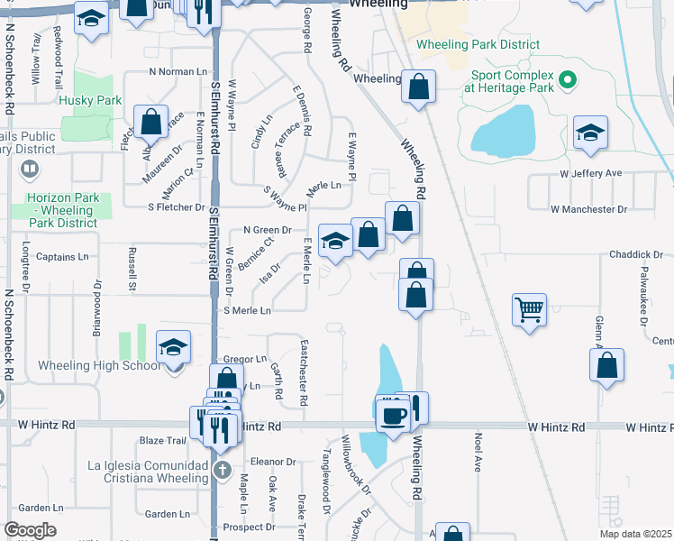 map of restaurants, bars, coffee shops, grocery stores, and more near 515 East Merle Lane in Wheeling