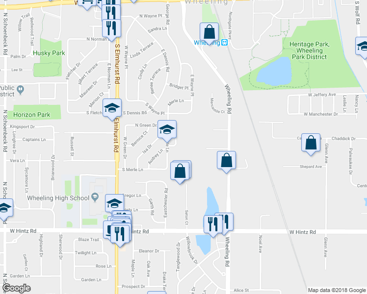 map of restaurants, bars, coffee shops, grocery stores, and more near 515 East Merle Lane in Wheeling