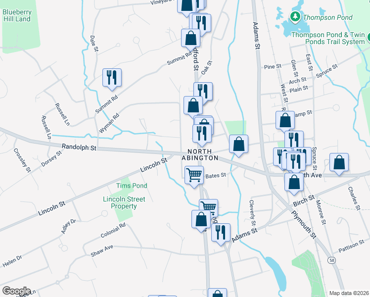 map of restaurants, bars, coffee shops, grocery stores, and more near 33 Randolph Street in Abington