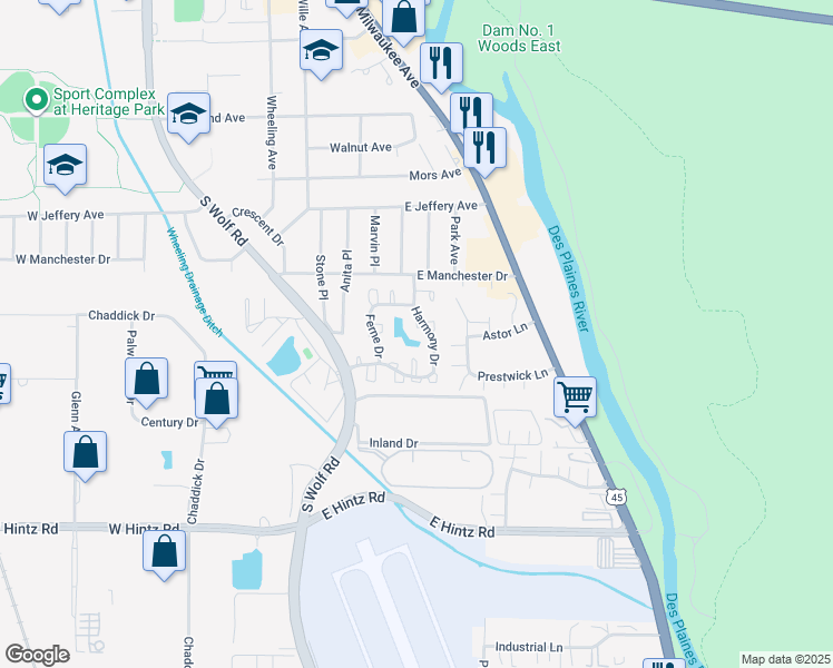 map of restaurants, bars, coffee shops, grocery stores, and more near 443 Maple Drive in Wheeling