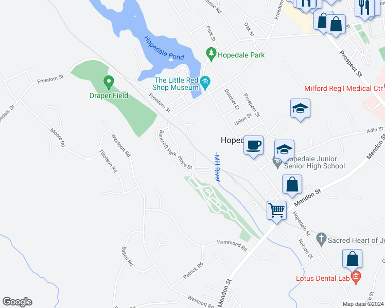 map of restaurants, bars, coffee shops, grocery stores, and more near 21 Cemetery Street in Hopedale