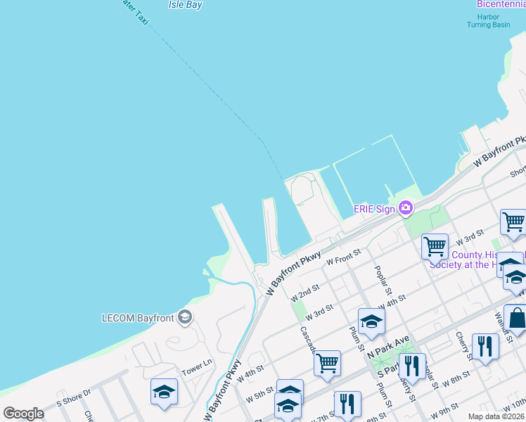 map of restaurants, bars, coffee shops, grocery stores, and more near 1 Liberty Street in Erie