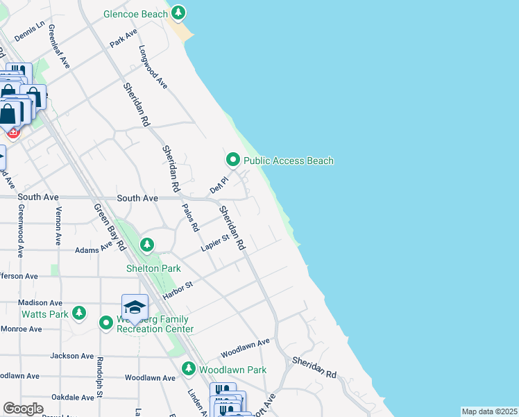 map of restaurants, bars, coffee shops, grocery stores, and more near Surfside Place in Glencoe