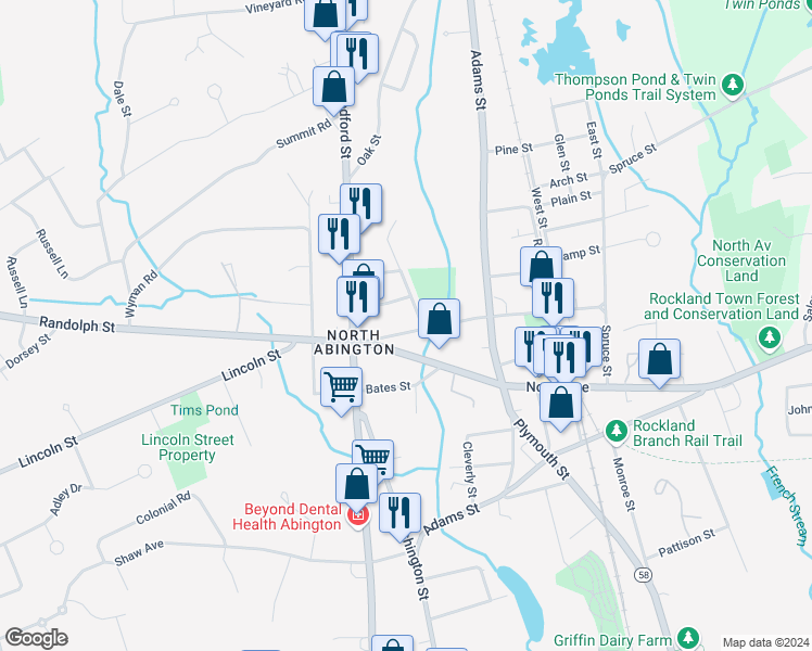 map of restaurants, bars, coffee shops, grocery stores, and more near 39 Winthrop Street in Abington