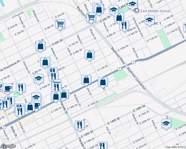 map of restaurants, bars, coffee shops, grocery stores, and more near 1020 Reed Street in Erie