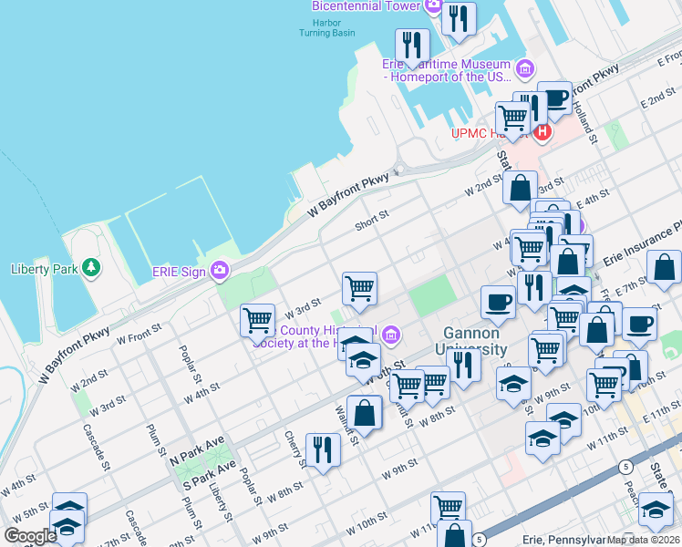 map of restaurants, bars, coffee shops, grocery stores, and more near 341 West 2nd Street in Erie