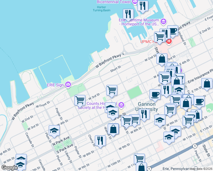 map of restaurants, bars, coffee shops, grocery stores, and more near 217 Chestnut Street in Erie