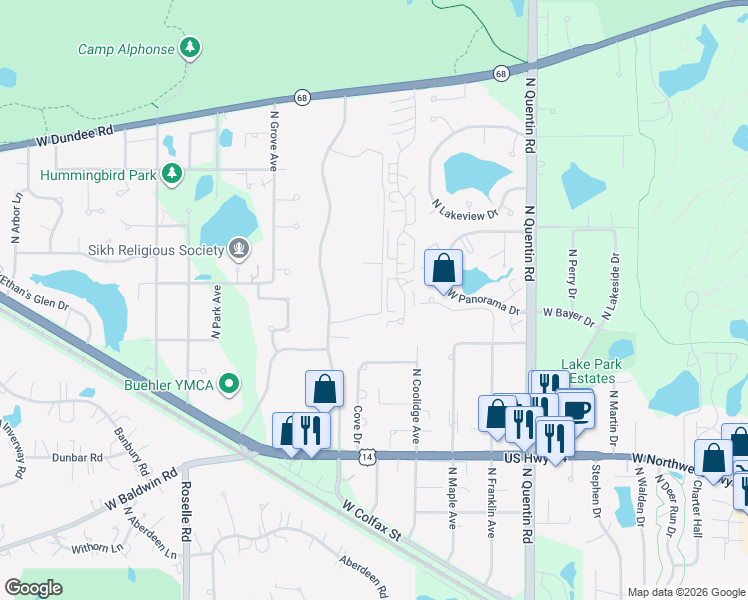 map of restaurants, bars, coffee shops, grocery stores, and more near 1065 North Sterling Avenue in Palatine