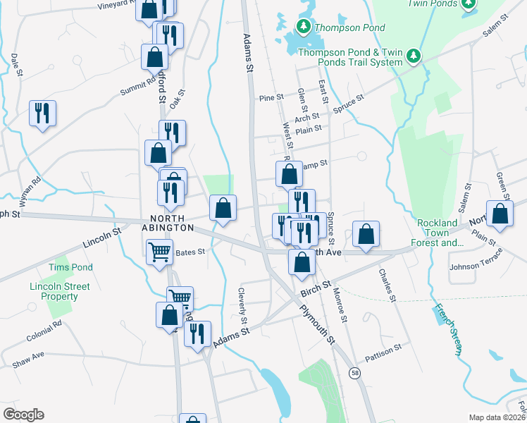 map of restaurants, bars, coffee shops, grocery stores, and more near 145 Wales Street in Abington