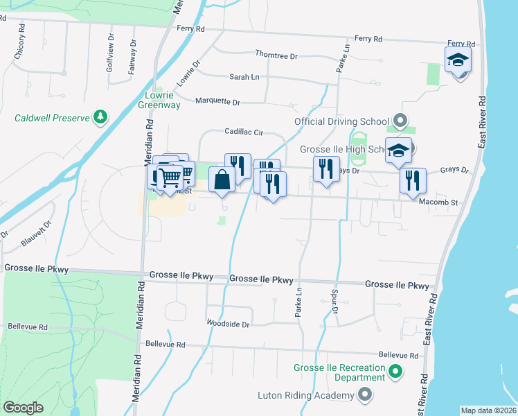 map of restaurants, bars, coffee shops, grocery stores, and more near 8686 Macomb Street in Grosse Ile Township