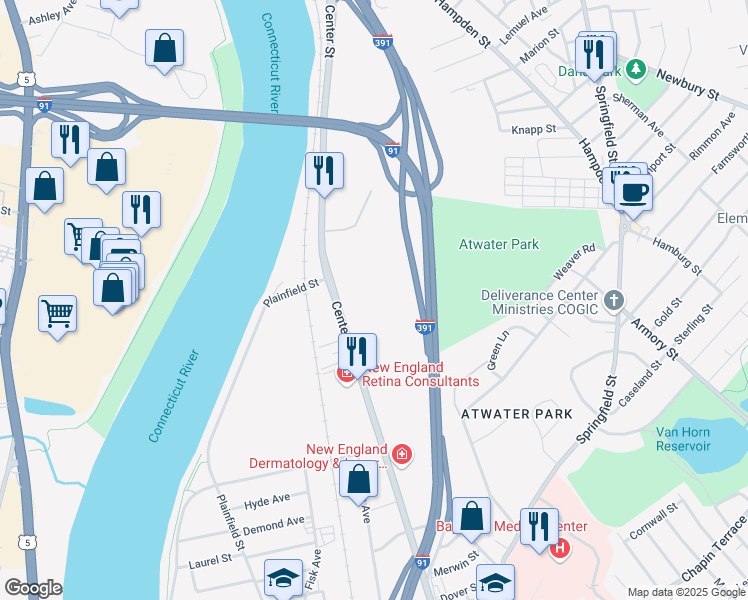 map of restaurants, bars, coffee shops, grocery stores, and more near 701 Center Street in Chicopee