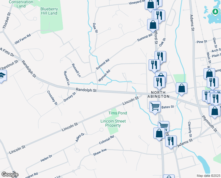 map of restaurants, bars, coffee shops, grocery stores, and more near 221 Randolph Street in Abington
