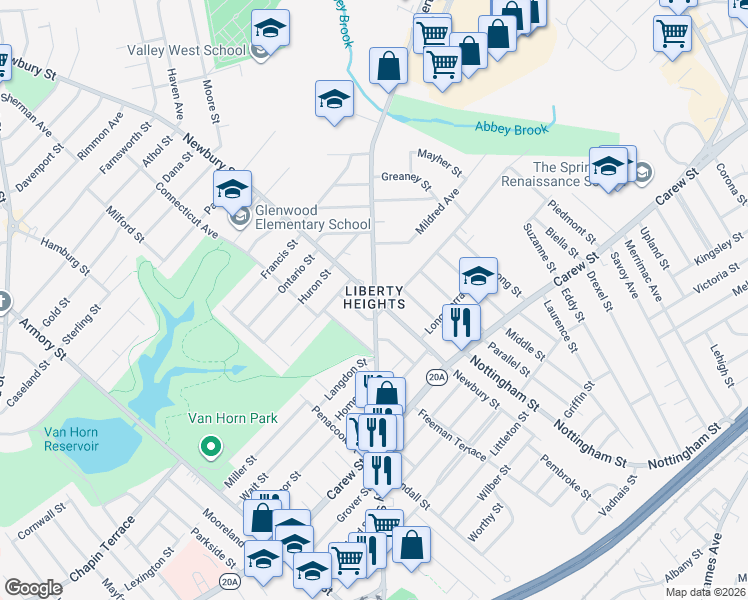 map of restaurants, bars, coffee shops, grocery stores, and more near 998 Liberty Street in Springfield