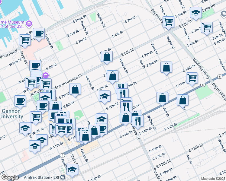map of restaurants, bars, coffee shops, grocery stores, and more near 419 East 8th Street in Erie