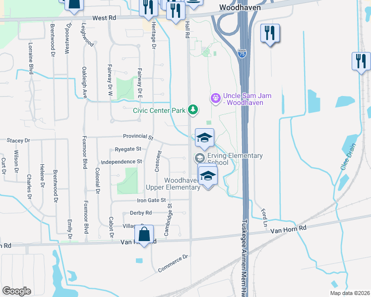 map of restaurants, bars, coffee shops, grocery stores, and more near 22022 Provincial Street in Trenton