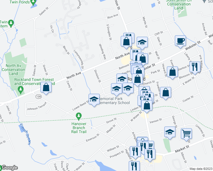 map of restaurants, bars, coffee shops, grocery stores, and more near 114 Pacific Street in Rockland