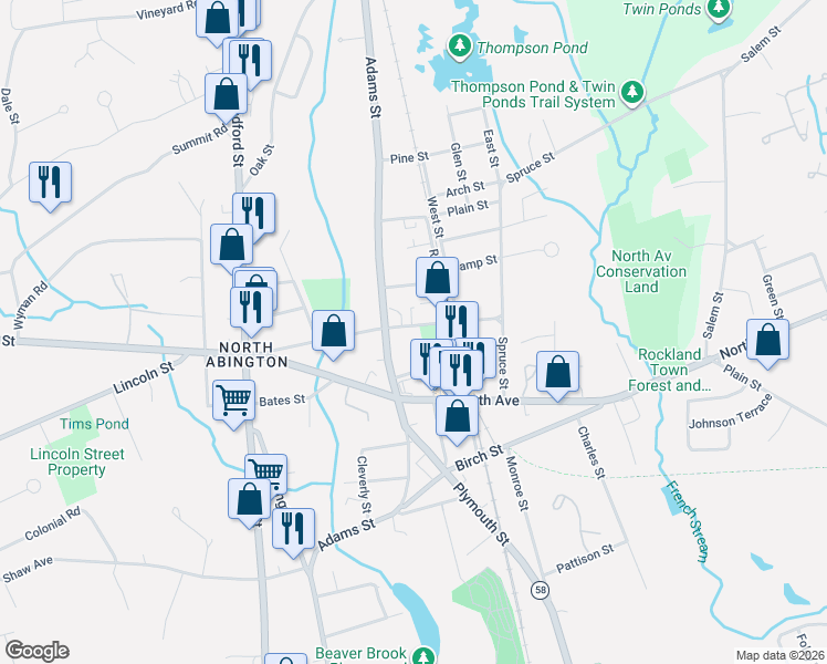 map of restaurants, bars, coffee shops, grocery stores, and more near 177 Wales Street in Abington