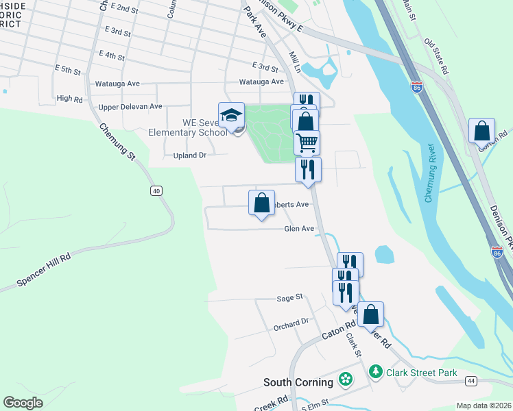 map of restaurants, bars, coffee shops, grocery stores, and more near Roberts Avenue in Corning