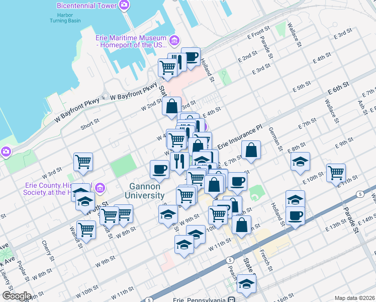 map of restaurants, bars, coffee shops, grocery stores, and more near 16 North Park Row in Erie