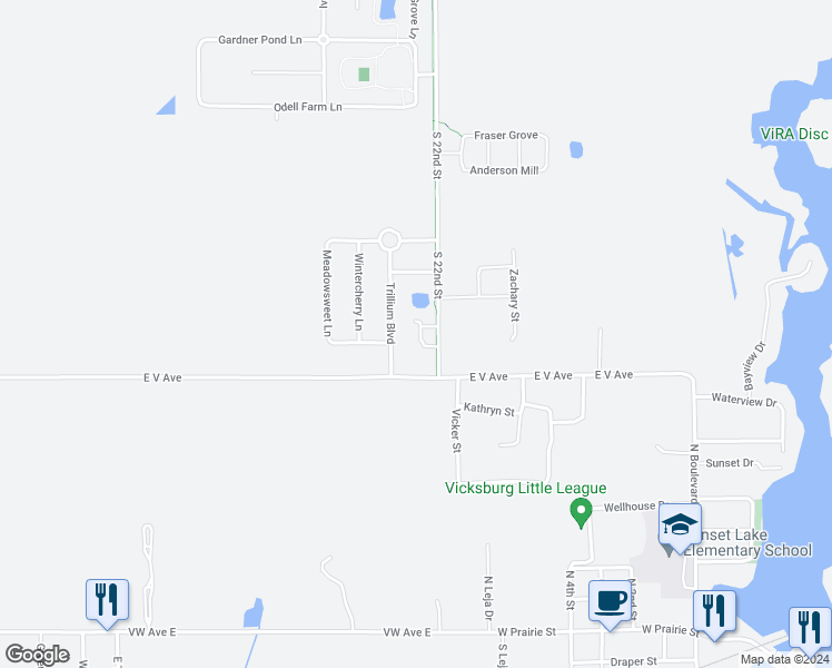 map of restaurants, bars, coffee shops, grocery stores, and more near 1012 West Villas Drive in Vicksburg
