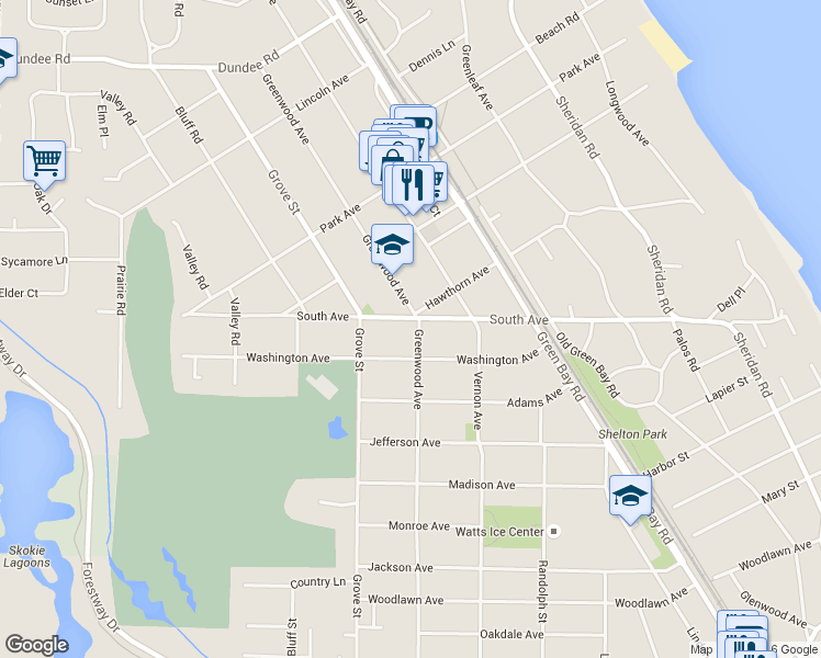 map of restaurants, bars, coffee shops, grocery stores, and more near 560 Greenwood Avenue in Glencoe
