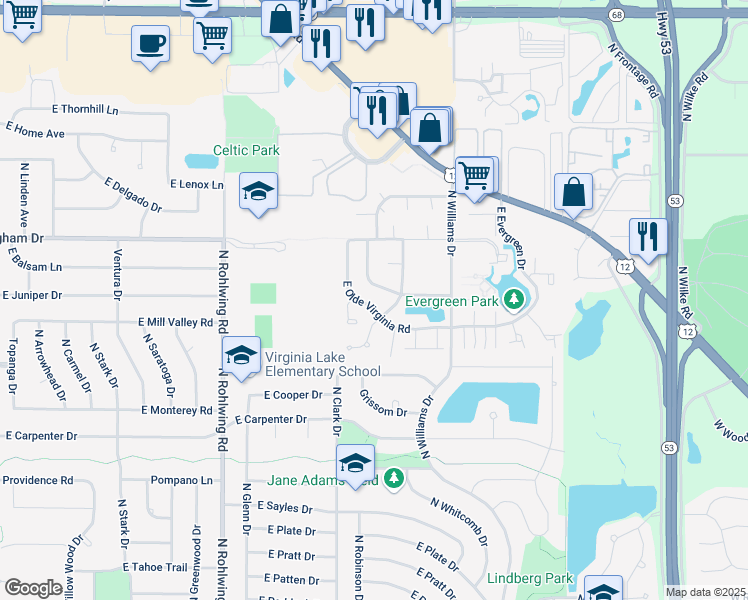 map of restaurants, bars, coffee shops, grocery stores, and more near 1074 Meadow Lake Drive in Palatine