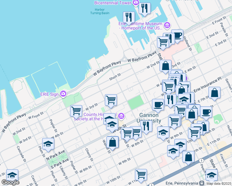map of restaurants, bars, coffee shops, grocery stores, and more near 322 West 3rd Street in Erie