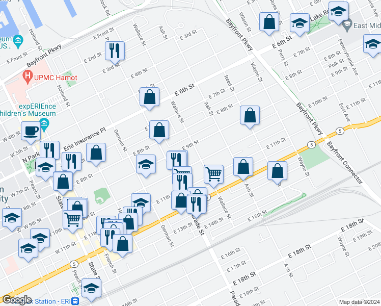 map of restaurants, bars, coffee shops, grocery stores, and more near 914 Wallace Street in Erie