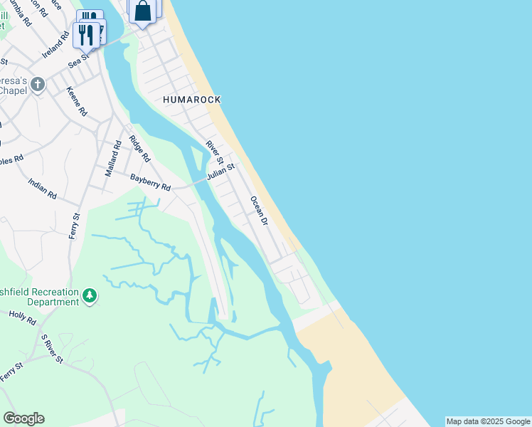 map of restaurants, bars, coffee shops, grocery stores, and more near 38 Ocean Drive in Marshfield
