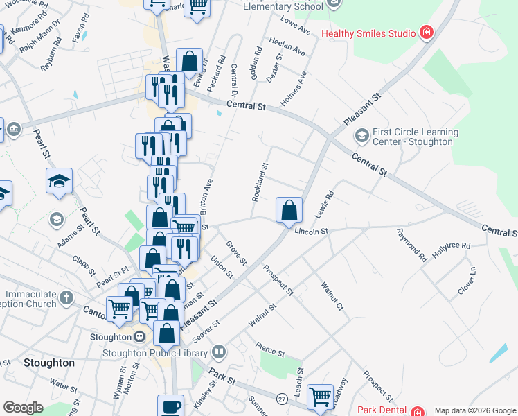 map of restaurants, bars, coffee shops, grocery stores, and more near 17 Swan Street in Stoughton