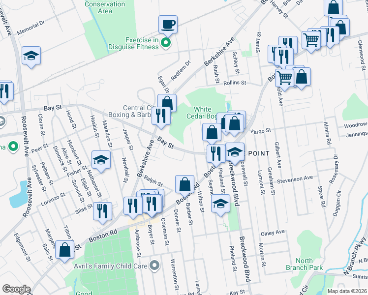 map of restaurants, bars, coffee shops, grocery stores, and more near 1532 Bay Street in Springfield