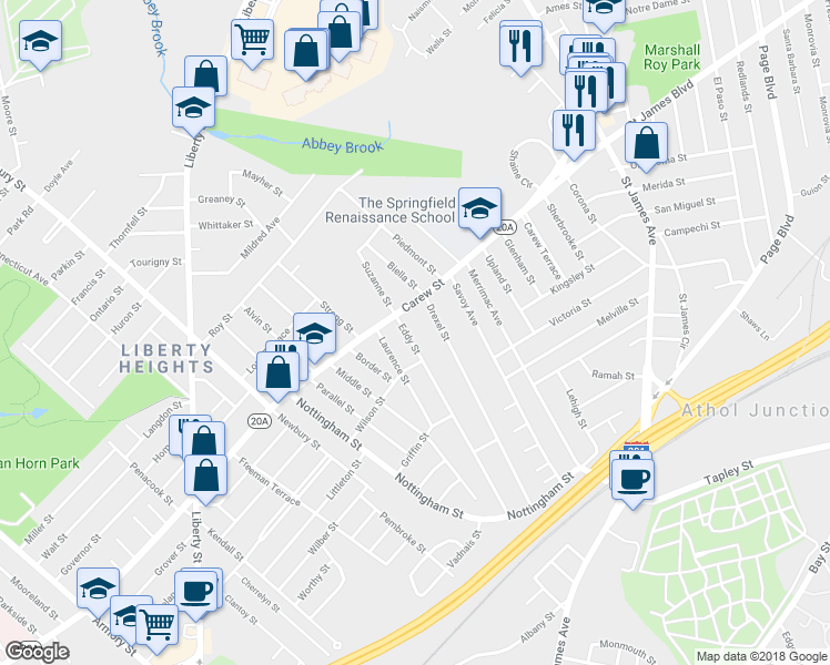 map of restaurants, bars, coffee shops, grocery stores, and more near 215 Eddy Street in Springfield