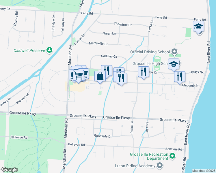 map of restaurants, bars, coffee shops, grocery stores, and more near 8686 Macomb Street in Grosse Ile Township