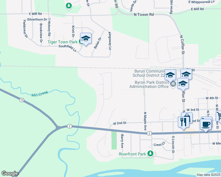 map of restaurants, bars, coffee shops, grocery stores, and more near 523 Mill Ridge Drive in Byron