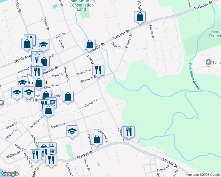 map of restaurants, bars, coffee shops, grocery stores, and more near 279 East Water Street in Rockland