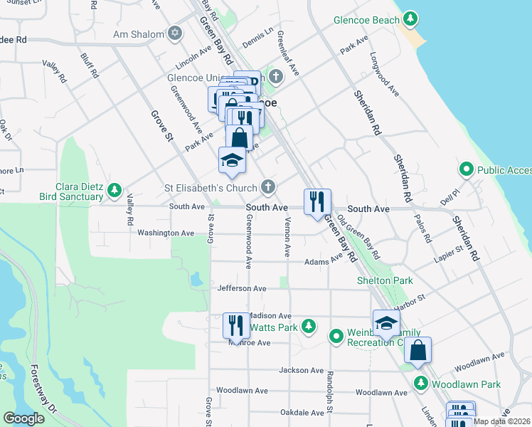 map of restaurants, bars, coffee shops, grocery stores, and more near 378 South Avenue in Glencoe