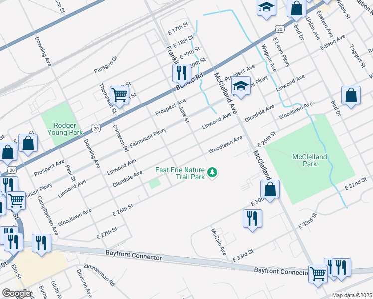 map of restaurants, bars, coffee shops, grocery stores, and more near 2032 Glendale Avenue in Erie