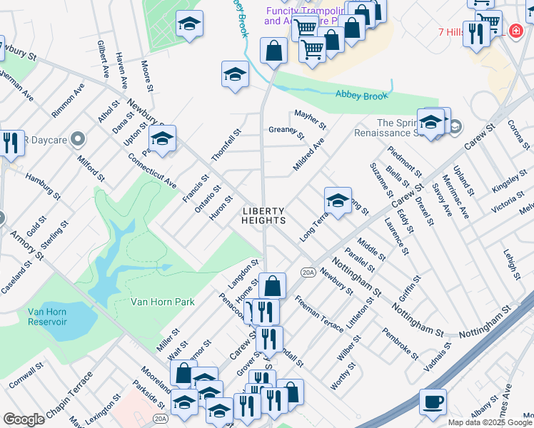map of restaurants, bars, coffee shops, grocery stores, and more near 543 Newbury Street in Springfield