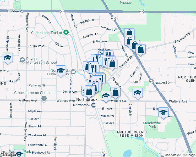 map of restaurants, bars, coffee shops, grocery stores, and more near 1911 Cherry Lane in Northbrook