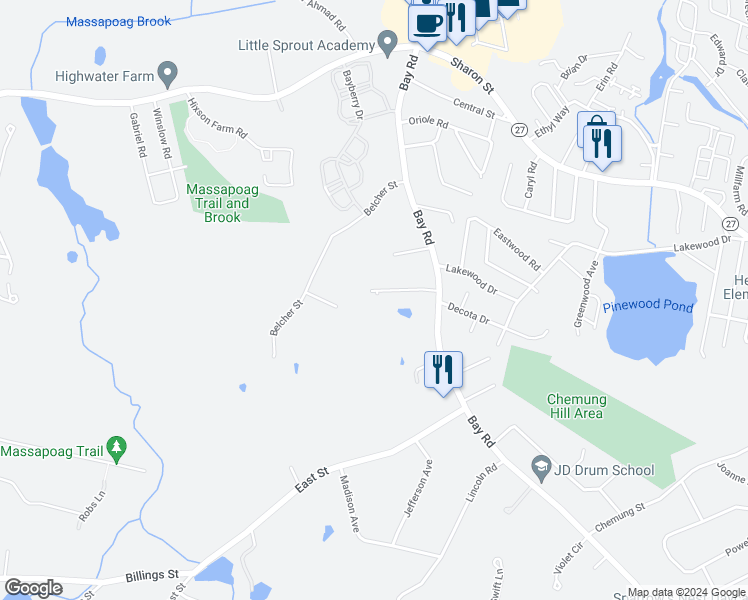 map of restaurants, bars, coffee shops, grocery stores, and more near 24 Larason Farm Road in Sharon