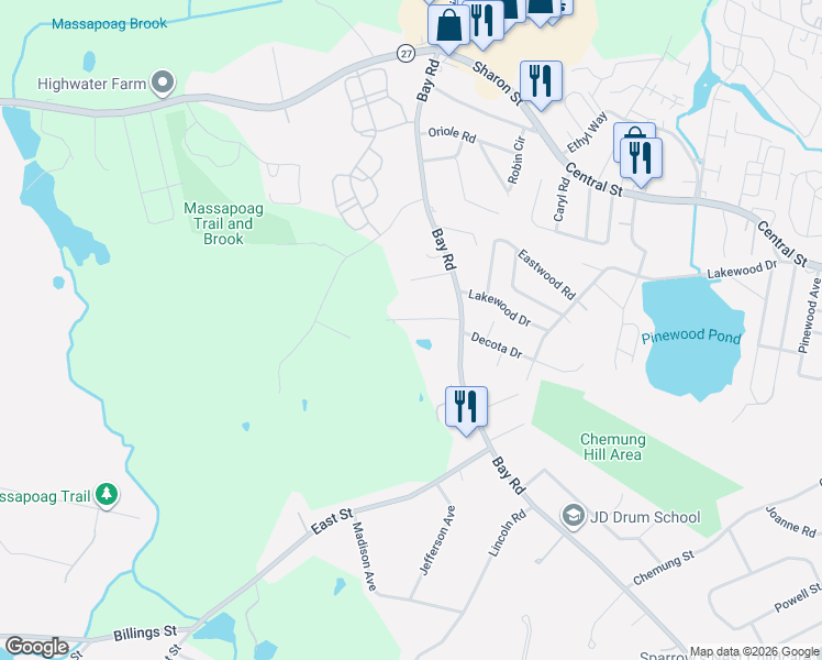 map of restaurants, bars, coffee shops, grocery stores, and more near 25 Larason Farm Road in Sharon