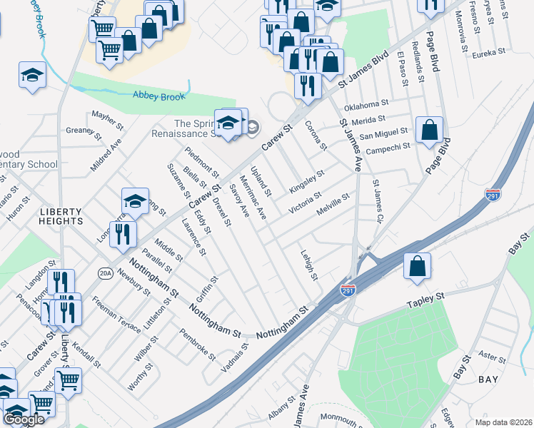 map of restaurants, bars, coffee shops, grocery stores, and more near 87 Upland Street in Springfield