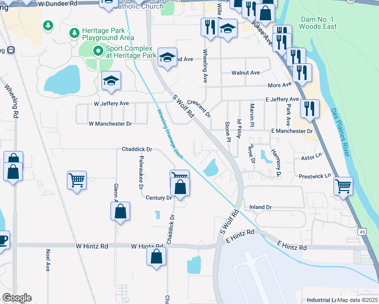 map of restaurants, bars, coffee shops, grocery stores, and more near 436 Allen Court in Wheeling