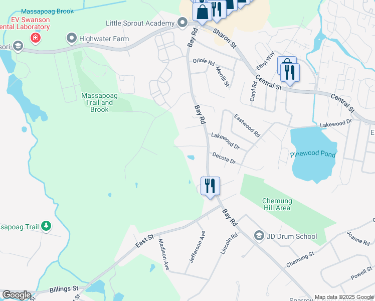 map of restaurants, bars, coffee shops, grocery stores, and more near 14 Larason Farm Road in Sharon