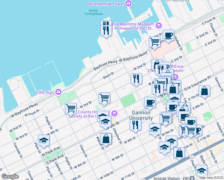 map of restaurants, bars, coffee shops, grocery stores, and more near 312 West 3rd Street in Erie