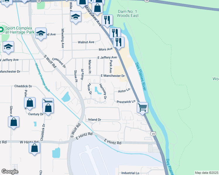 map of restaurants, bars, coffee shops, grocery stores, and more near 464 Prestwick Lane in Wheeling