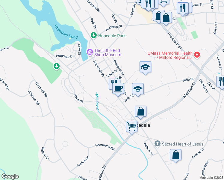 map of restaurants, bars, coffee shops, grocery stores, and more near 50 Hopedale Street in Hopedale