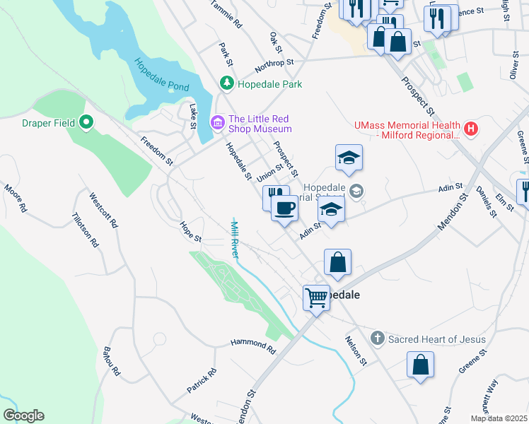map of restaurants, bars, coffee shops, grocery stores, and more near 50 Hopedale Street in Hopedale