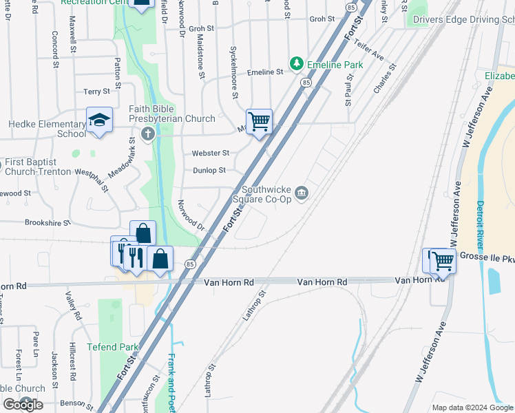 map of restaurants, bars, coffee shops, grocery stores, and more near 40 Fort Street in Trenton